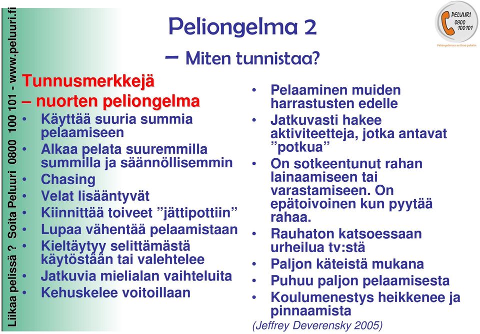 tunnistaa? Pelaaminen muiden harrastusten edelle Jatkuvasti hakee aktiviteetteja, jotka antavat potkua On sotkeentunut rahan lainaamiseen tai varastamiseen.