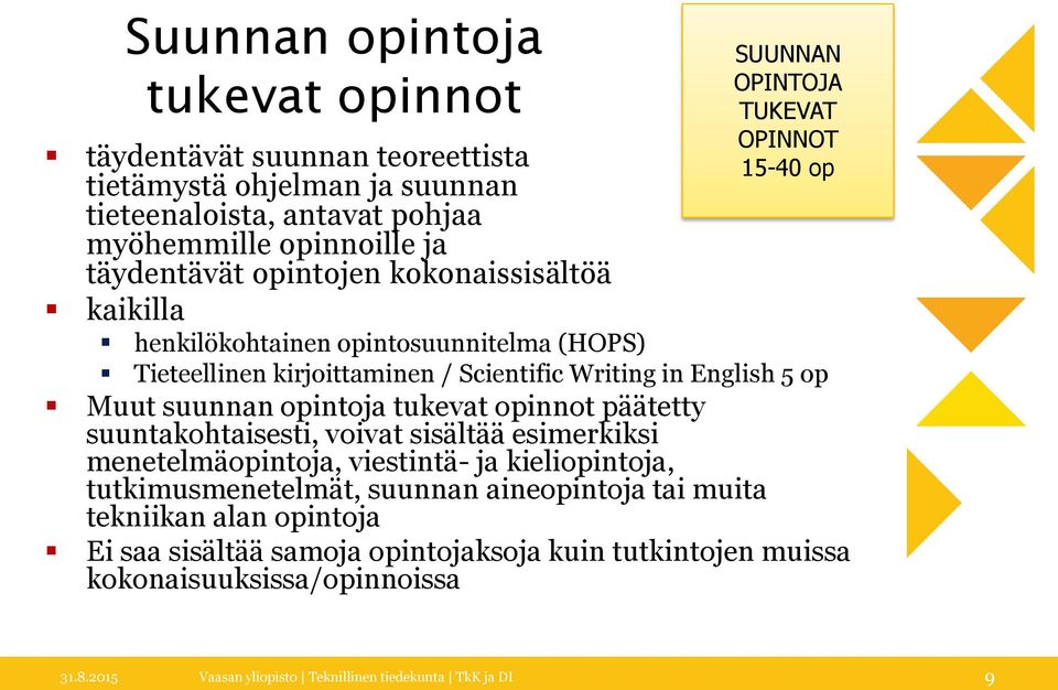 op Muut suunnan opintoja tukevat opinnot päätetty suuntakohtaisesti, voivat sisältää esimerkiksi menetelmäopintoja, viestintä- ja kieliopintoja, tutkimusmenetelmät, suunnan