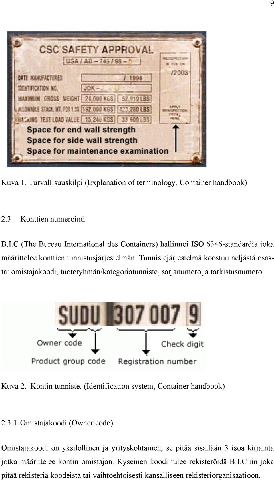 Tunnistejärjestelmä koostuu neljästä osasta: omistajakoodi, tuoteryhmän/kategoriatunniste, sarjanumero ja tarkistusnumero. Kuva 2. Kontin tunniste.