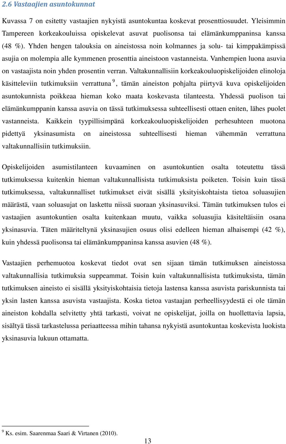 Yhden hengen talouksia on aineistossa noin kolmannes ja solu- tai kimppakämpissä asujia on molempia alle kymmenen prosenttia aineistoon vastanneista.