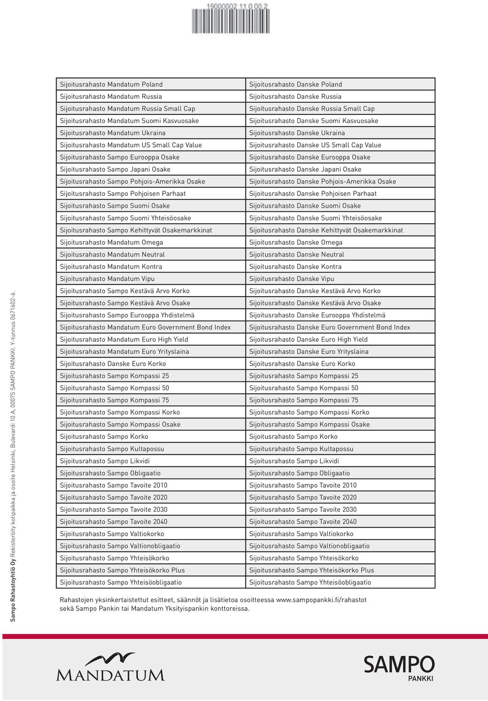 Small Cap Sijoitusrahasto Mandatum Suomi Kasvuosake Sijoitusrahasto Danske Suomi Kasvuosake Sijoitusrahasto Mandatum Ukraina Sijoitusrahasto Danske Ukraina Sijoitusrahasto Mandatum US Small Cap Value