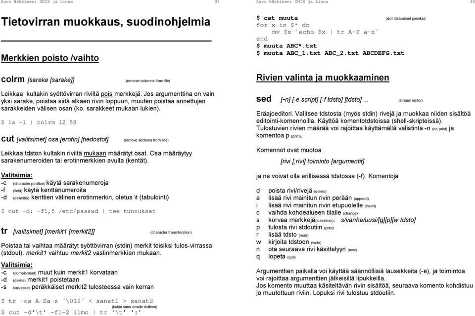 $ ls -l colrm 12 58 cut [valitsimet] osa [erotin] [tiedostot] (remove sections from line) Leikkaa tdston kultakin riviltä mukaan määrätyt osat.