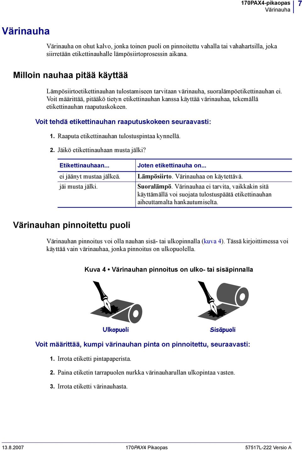 Voit määrittää, pitääkö tietyn etikettinauhan kanssa käyttää värinauhaa, tekemällä etikettinauhan raaputuskokeen. Voit tehdä etikettinauhan raaputuskokeen seuraavasti: 1.