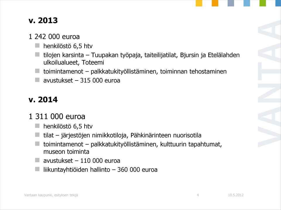 2014 1 311 000 euroa henkilöstö 6,5 htv tilat järjestöjen nimikkotiloja, Pähkinärinteen nuorisotila toimintamenot