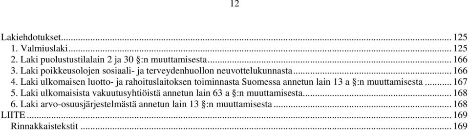 Laki ulkomaisen luotto- ja rahoituslaitoksen toiminnasta Suomessa annetun lain 13 a :n muuttamisesta... 167 5.