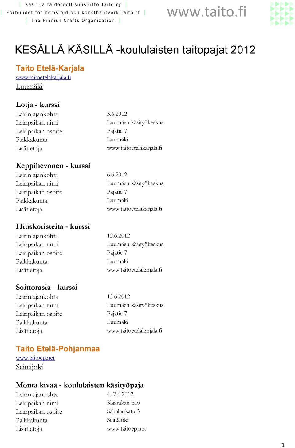 6.2012 Luumäen käsityökeskus Pajatie 7 Luumäki www.taitoetelakarjala.