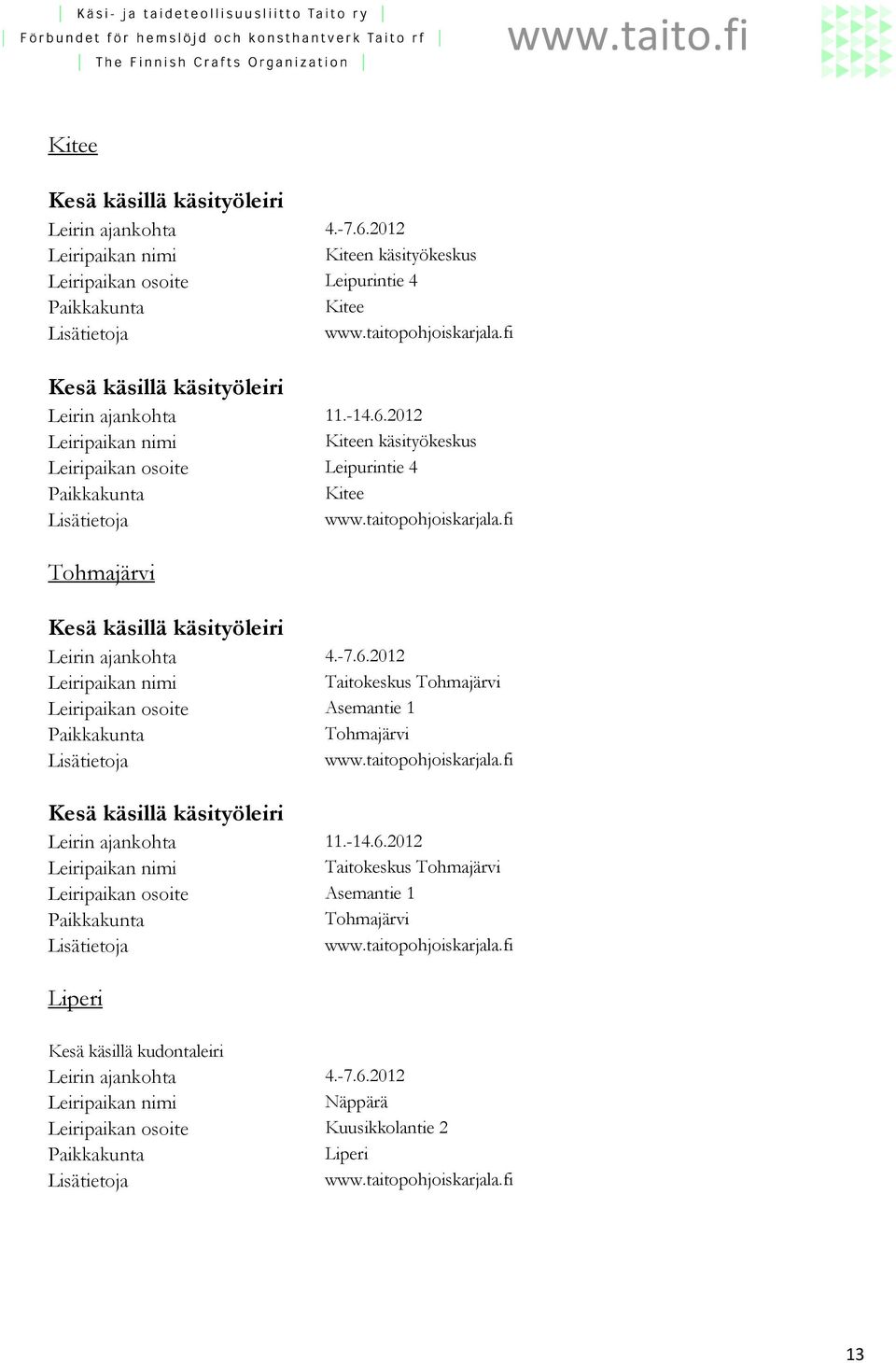 2012 Kiteen käsityökeskus Leipurintie 4 Kitee Tohmajärvi Kesä käsillä käsityöleiri Taitokeskus Tohmajärvi