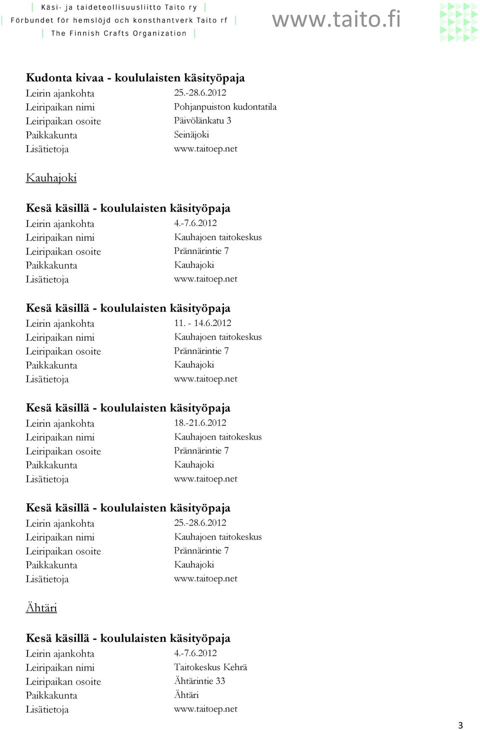 Leirin ajankohta 11. - 14.6.2012 Kauhajoen taitokeskus Prännärintie 7 Kauhajoki Leirin ajankohta 18.-21.6.2012 Kauhajoen taitokeskus Prännärintie 7 Kauhajoki Leirin ajankohta 25.