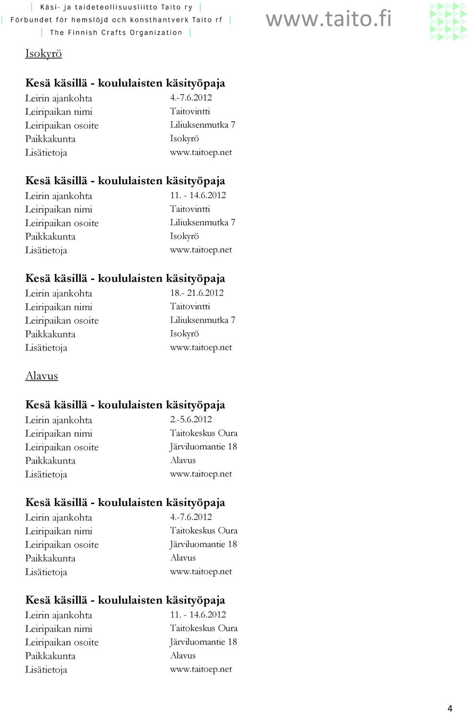 2012 Taitovintti Liliuksenmutka 7 Isokyrö Alavus Leirin ajankohta 2.-5.6.