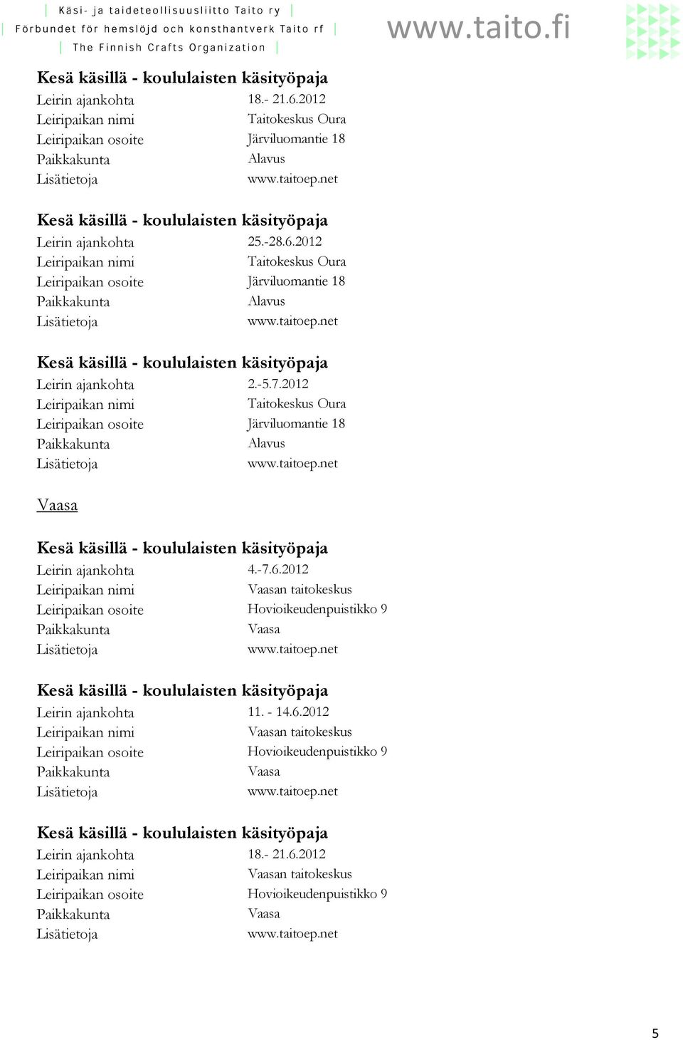 Leirin ajankohta 11. - 14.6.2012 Vaasan taitokeskus Hovioikeudenpuistikko 9 Vaasa Leirin ajankohta 18.- 21.6.2012 Vaasan taitokeskus Hovioikeudenpuistikko 9 Vaasa 5