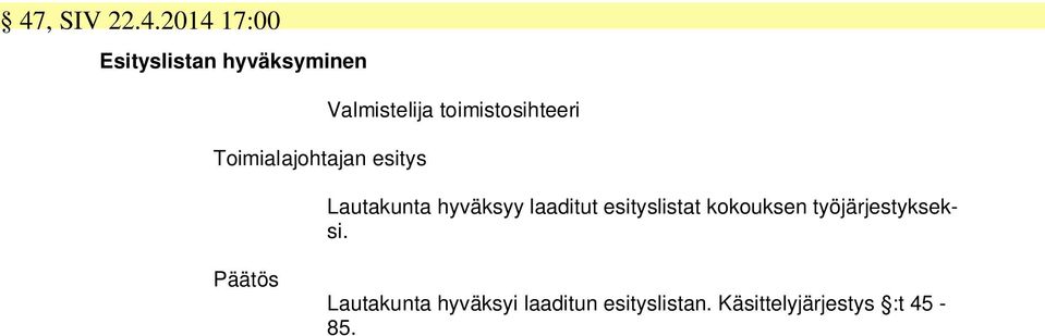 esityslistat kokouksen työjärjestykseksi.