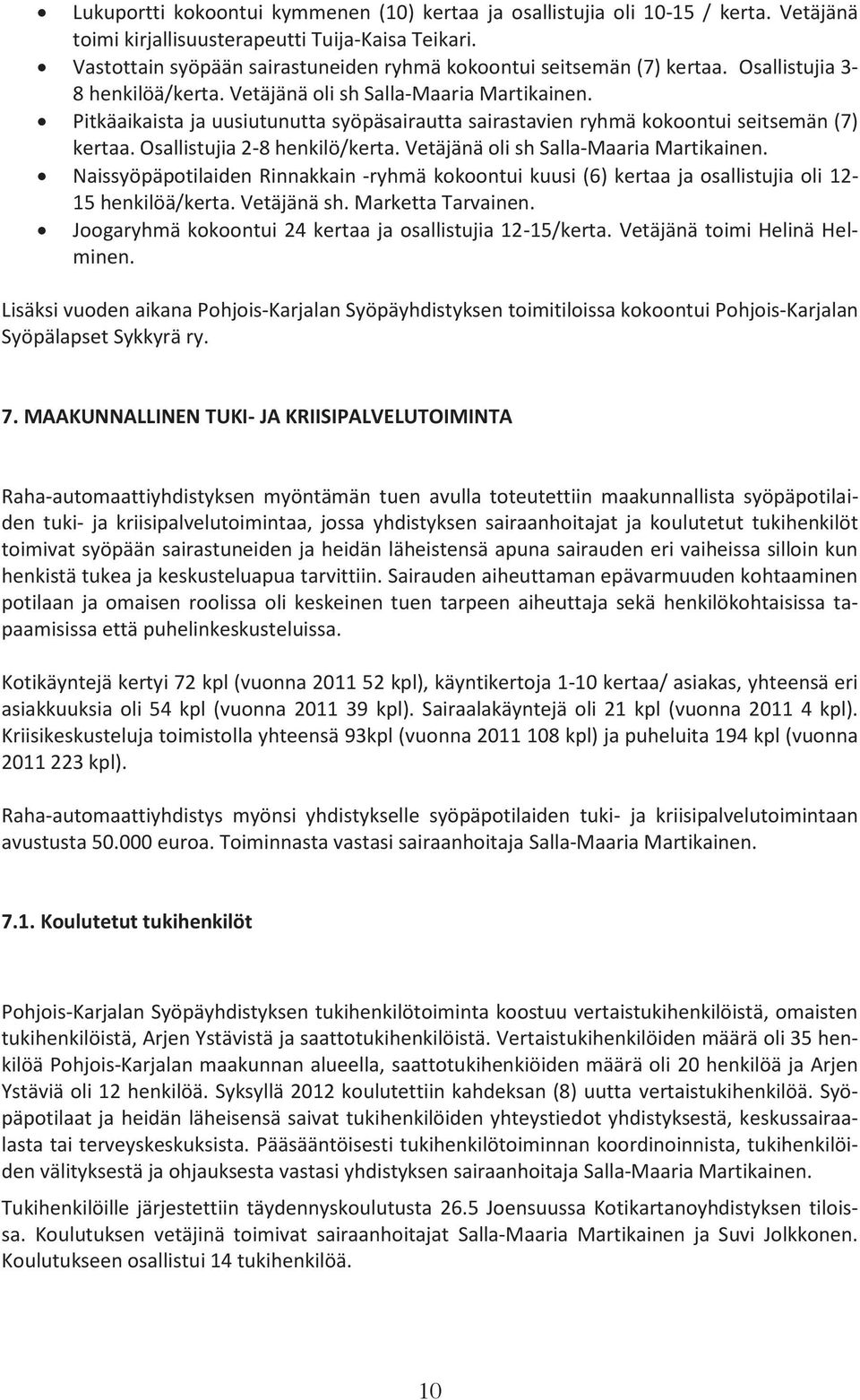 Pitkäaikaista ja uusiutunutta syöpäsairautta sairastavien ryhmä kokoontui seitsemän (7) kertaa. Osallistujia 2-8 henkilö/kerta. Vetäjänä oli sh Salla- Maaria Martikainen.