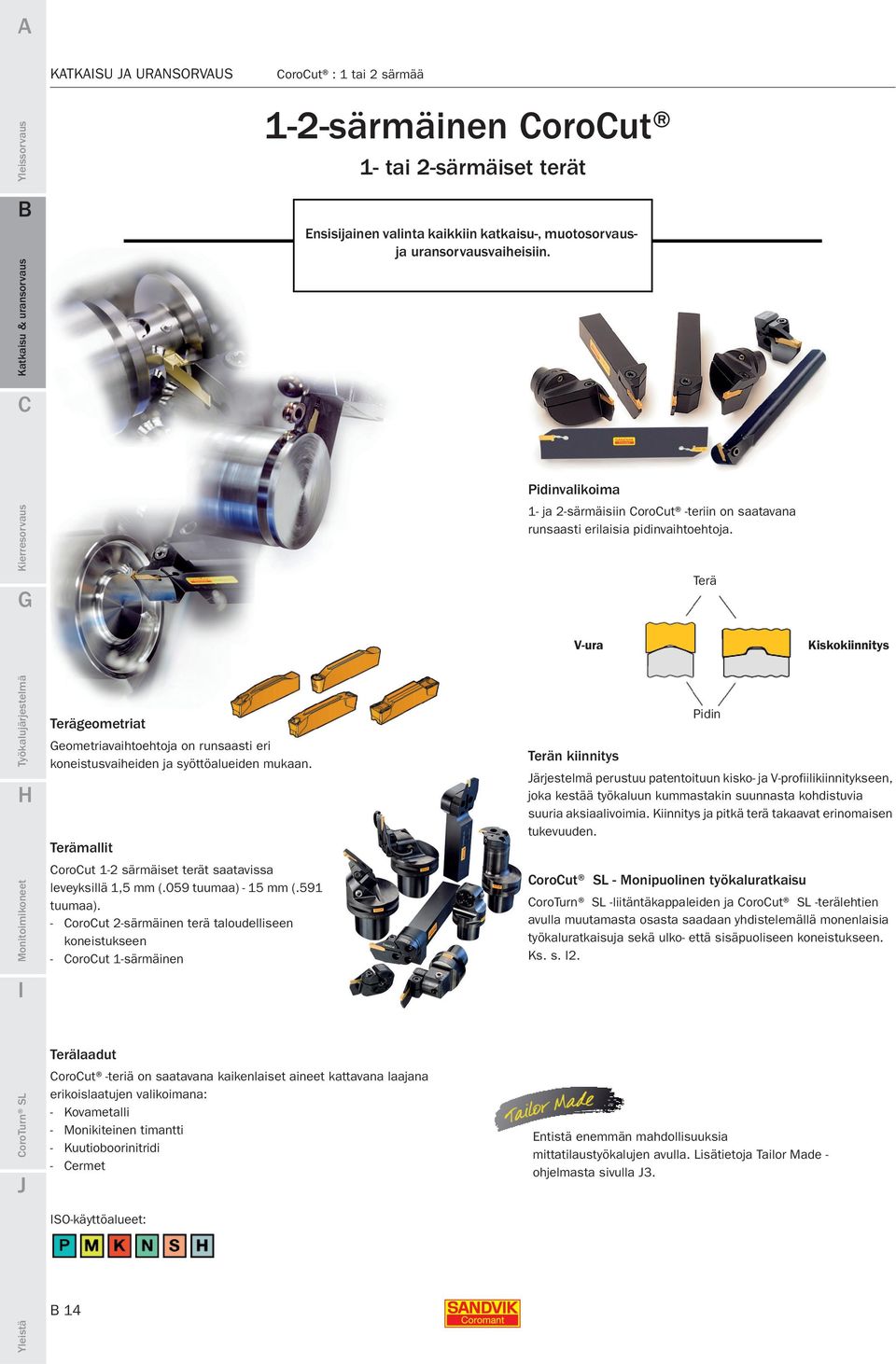 Terä V-ura Kiskokiinnitys Terägeometriat Geometriavaihtoehtoja on runsaasti eri koneistusvaiheiden ja syöttöalueiden mukaan. Terämallit CoroCut 1-2 särmäiset terät saatavissa leveyksillä 1,5 (.