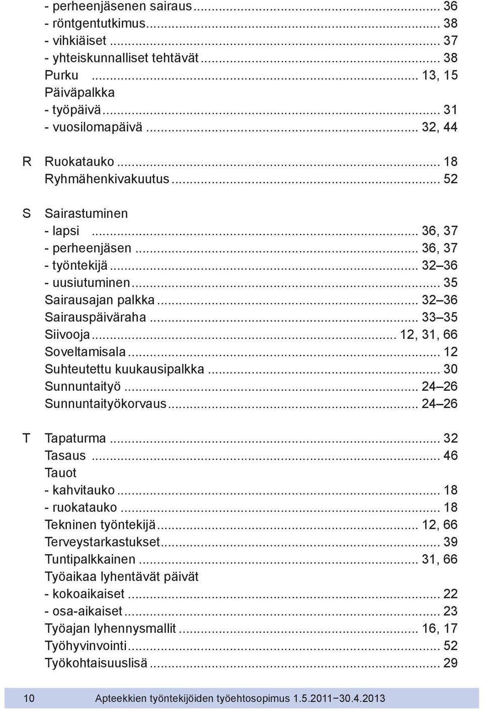 .. 12, 31, 66 Soveltamisala... 12 Suhteutettu kuukausipalkka... 30 Sunnuntaityö... 24 26 Sunnuntaityökorvaus... 24 26 T Tapaturma... 32 Tasaus... 46 Tauot - kahvitauko... 18 - ruokatauko.