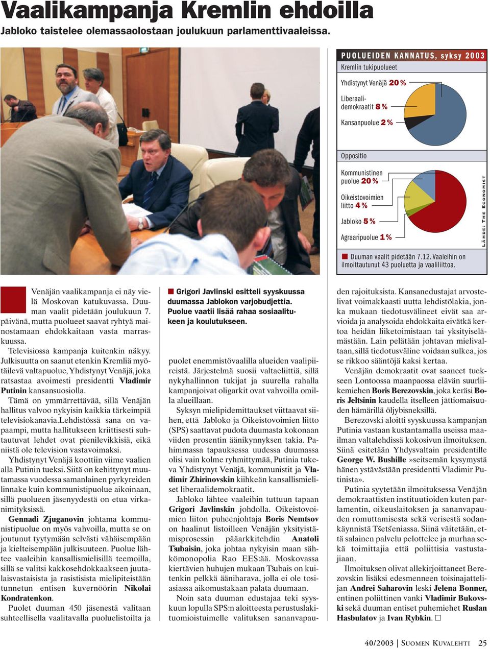 Agraaripuolue 1% Lähde: The Economist Duuman vaalit pidetään 7.12. Vaaleihin on ilmoittautunut 43 puoluetta ja vaaliliittoa. Venäjän vaalikampanja ei näy vielä Moskovan katukuvassa.