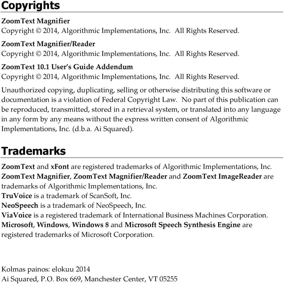 Unauthorized copying, duplicating, selling or otherwise distributing this software or documentation is a violation of Federal Copyright Law.