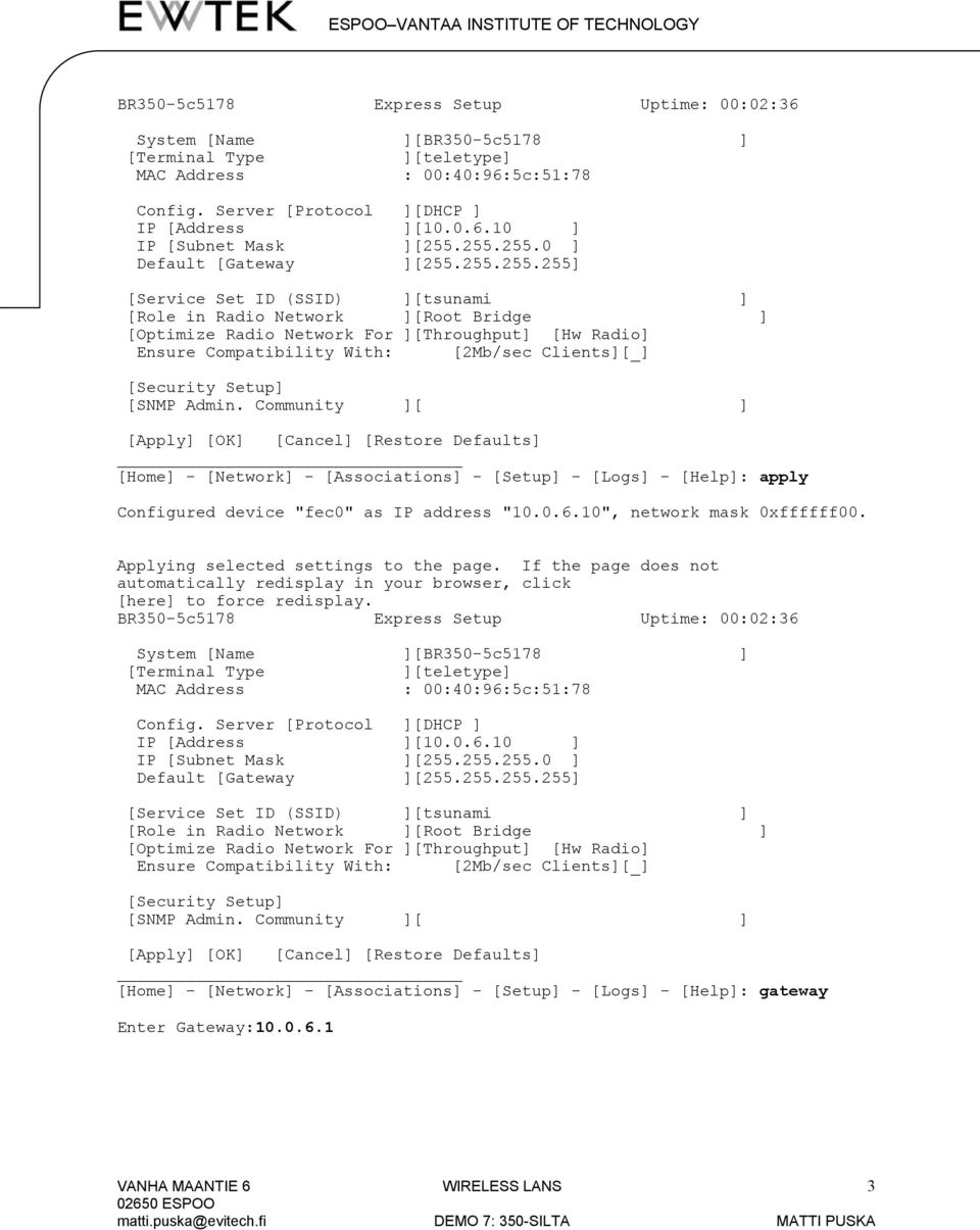 10", network mask 0xffffff00. Applying selected settings to the page.