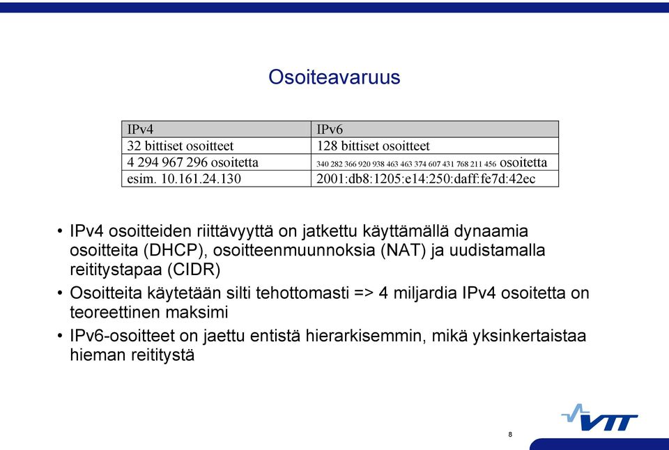 130 2001:db8:1205:e14:250:daff:fe7d:42ec IPv4 osoitteiden riittävyyttä on jatkettu käyttämällä dynaamia osoitteita (DHCP),