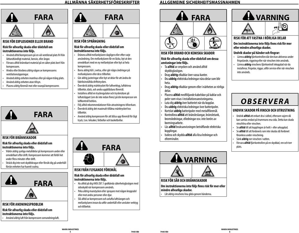 Hindra eller blockera aldrig någon av kompressorns ventilationsöppningar. Använd aldrig enheten inomhus eller på någon trång plats. Använd aldrig enheten utan tillsyn.