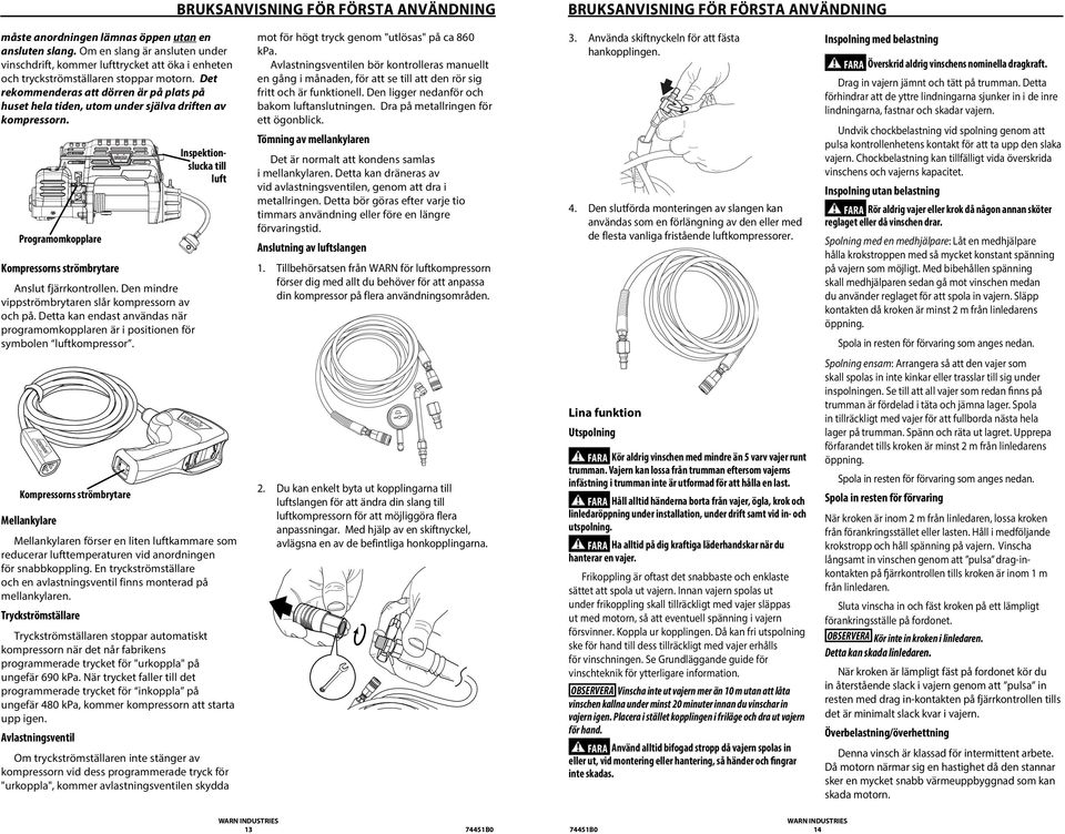 Det rekommenderas att dörren är på plats på huset hela tiden, utom under själva driften av kompressorn. Programomkopplare Kompressorns strömbrytare Anslut fjärrkontrollen.