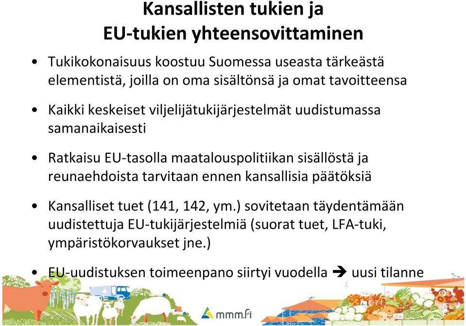 maatalouspolitiikan sisällöstäja reunaehdoista tarvitaan ennen kansallisia päätöksiä Kansalliset tuet (141, 142, ym.