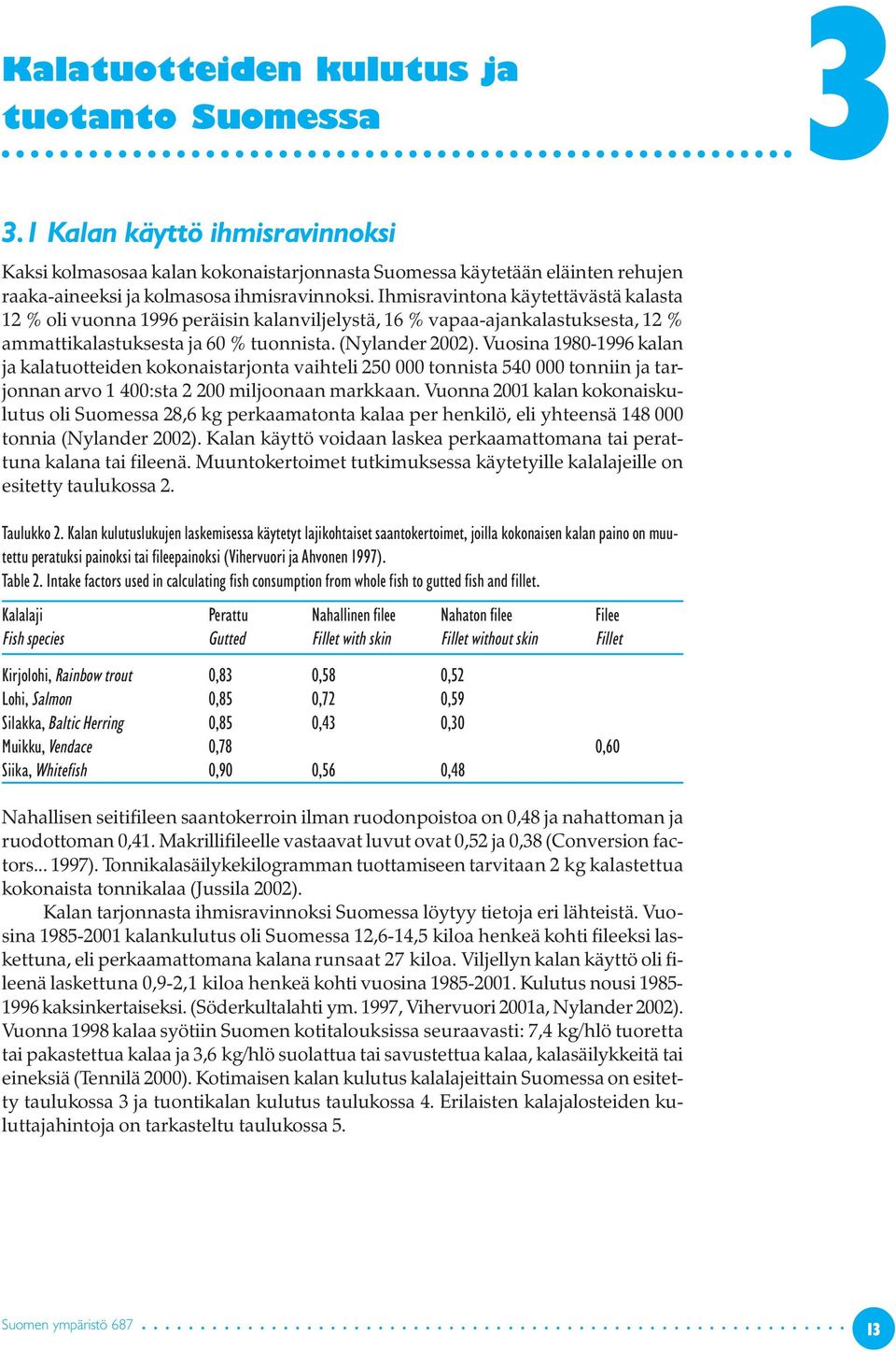 Ihmisravintona käytettävästä kalasta 12 % oli vuonna 1996 peräisin kalanviljelystä, 16 % vapaa-ajankalastuksesta, 12 % ammattikalastuksesta ja 60 % tuonnista. (Nylander 2002).