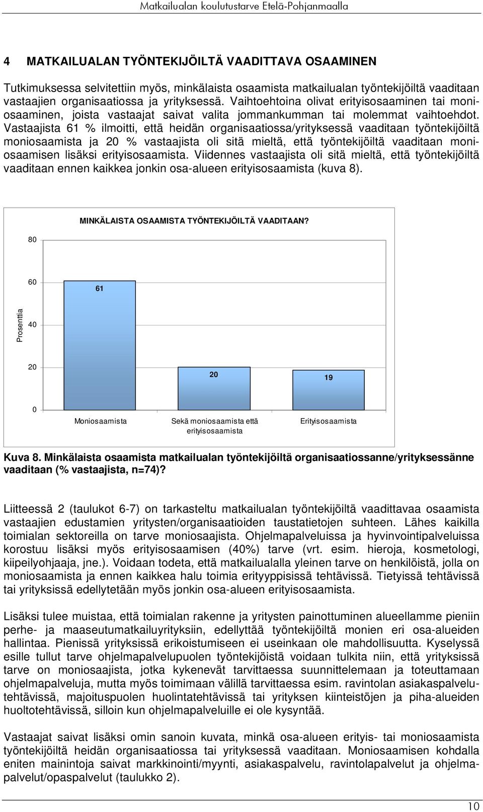 Vastaajista 61 % ilmoitti, että heidän organisaatiossa/yrityksessä vaaditaan työntekijöiltä moniosaamista ja 20 % vastaajista oli sitä mieltä, että työntekijöiltä vaaditaan moniosaamisen lisäksi