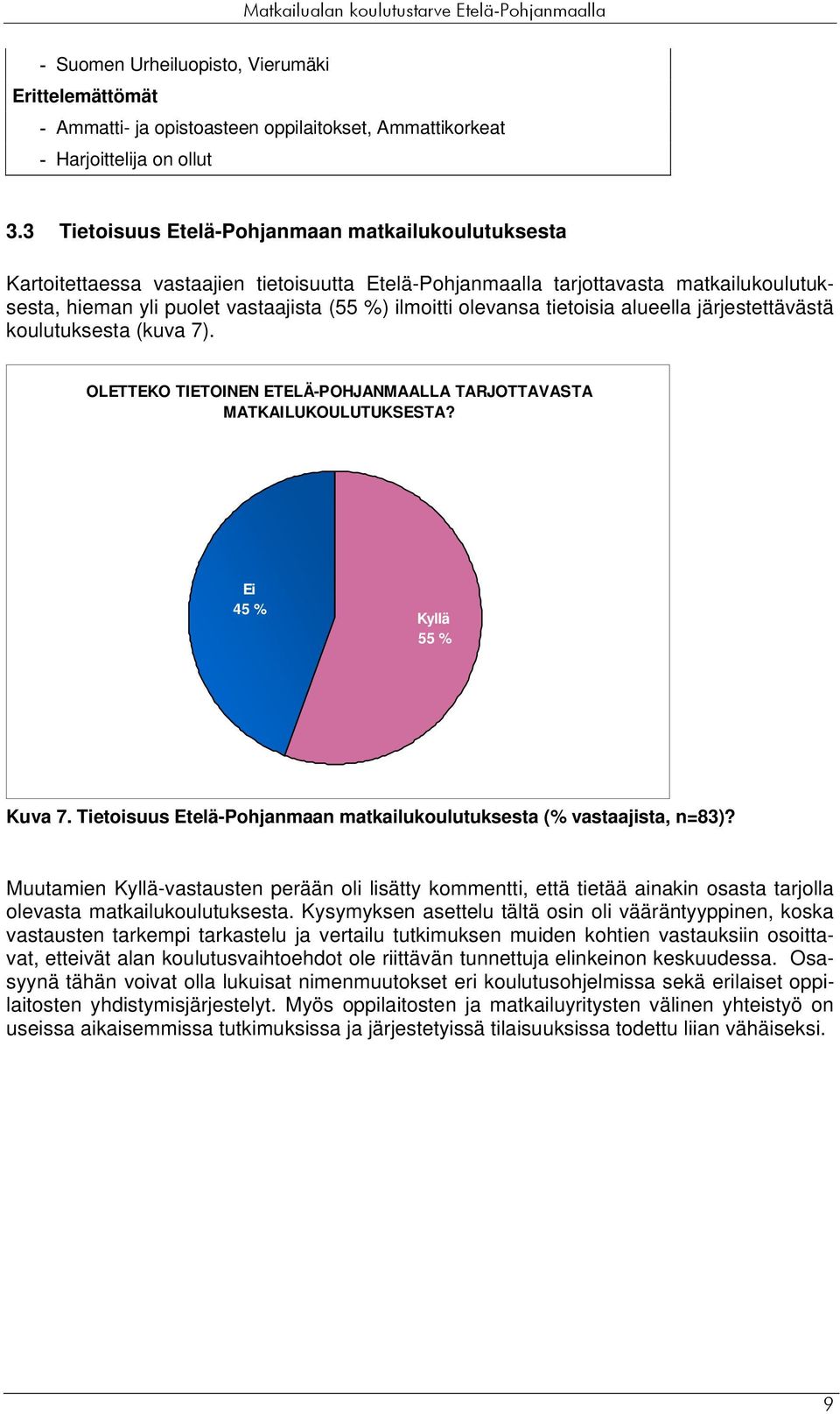 olevansa tietoisia alueella järjestettävästä koulutuksesta (kuva 7). OLETTEKO TIETOINEN ETELÄ-POHJANMAALLA TARJOTTAVASTA MATKAILUKOULUTUKSESTA? Ei 45 % Kyllä 55 % Kuva 7.