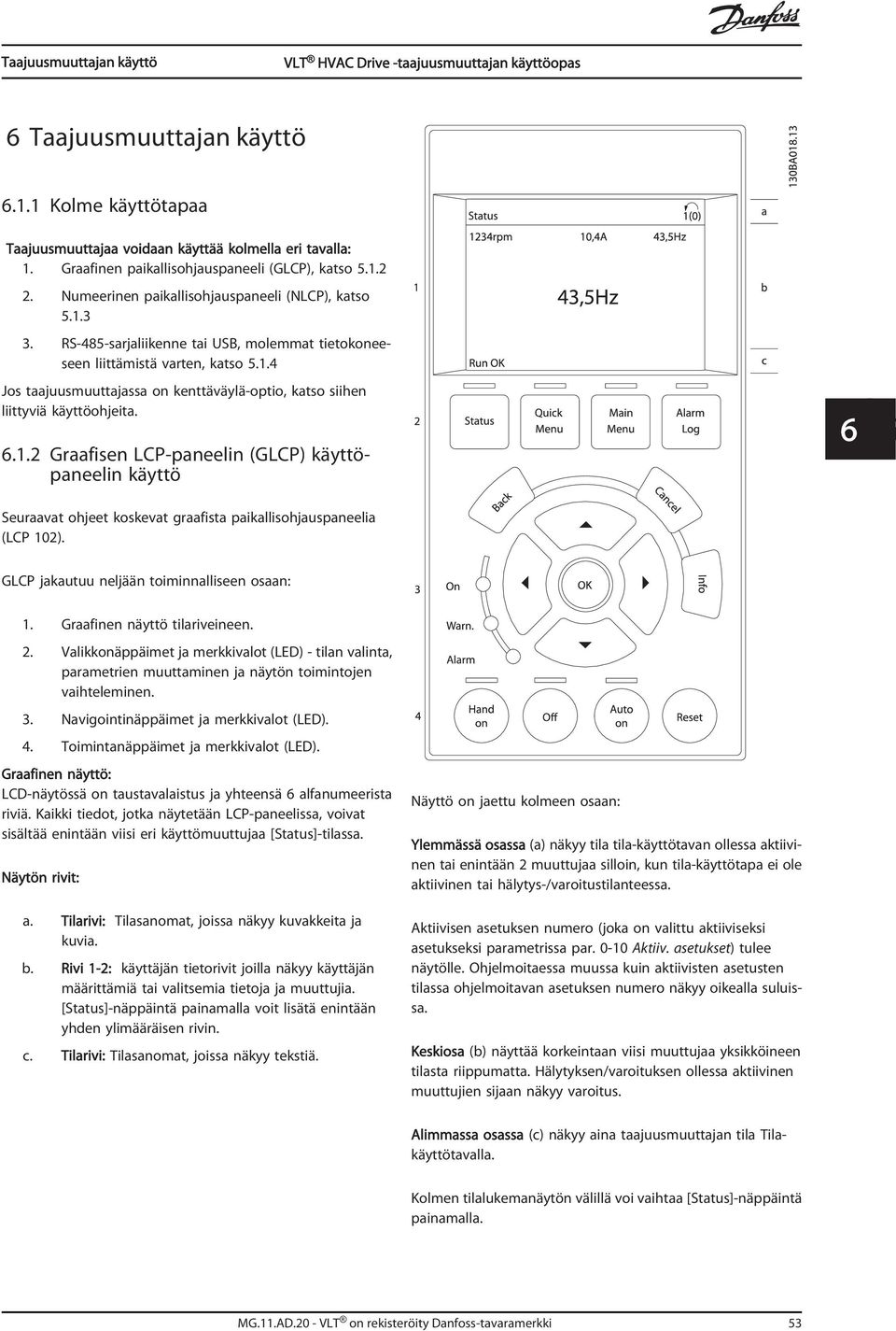 6.1.2 Graafisen LCP-paneelin (GLCP) käyttöpaneelin käyttö 6 6 Seuraavat ohjeet koskevat graafista paikallisohjauspaneelia (LCP 102). GLCP jakautuu neljään toiminnalliseen osaan: 1.