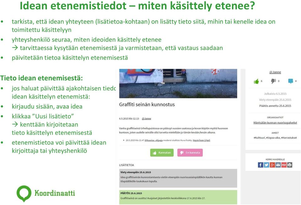 miten ideoiden käsittely etenee tarvittaessa kysytään etenemisestä ja varmistetaan, että vastaus saadaan päivitetään tietoa käsittelyn etenemisestä