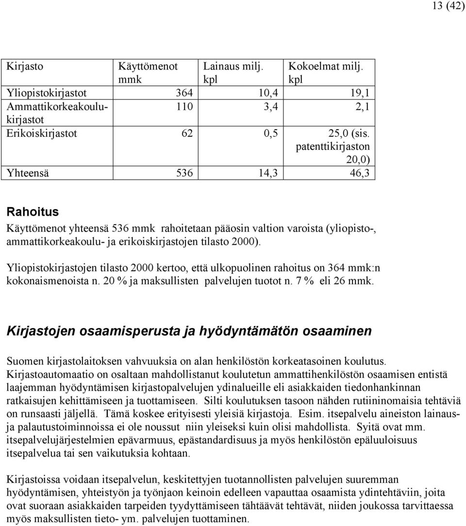 Yliopistokirjastojen tilasto 2000 kertoo, että ulkopuolinen rahoitus on 364 mmk:n kokonaismenoista n. 20 % ja maksullisten palvelujen tuotot n. 7 % eli 26 mmk.