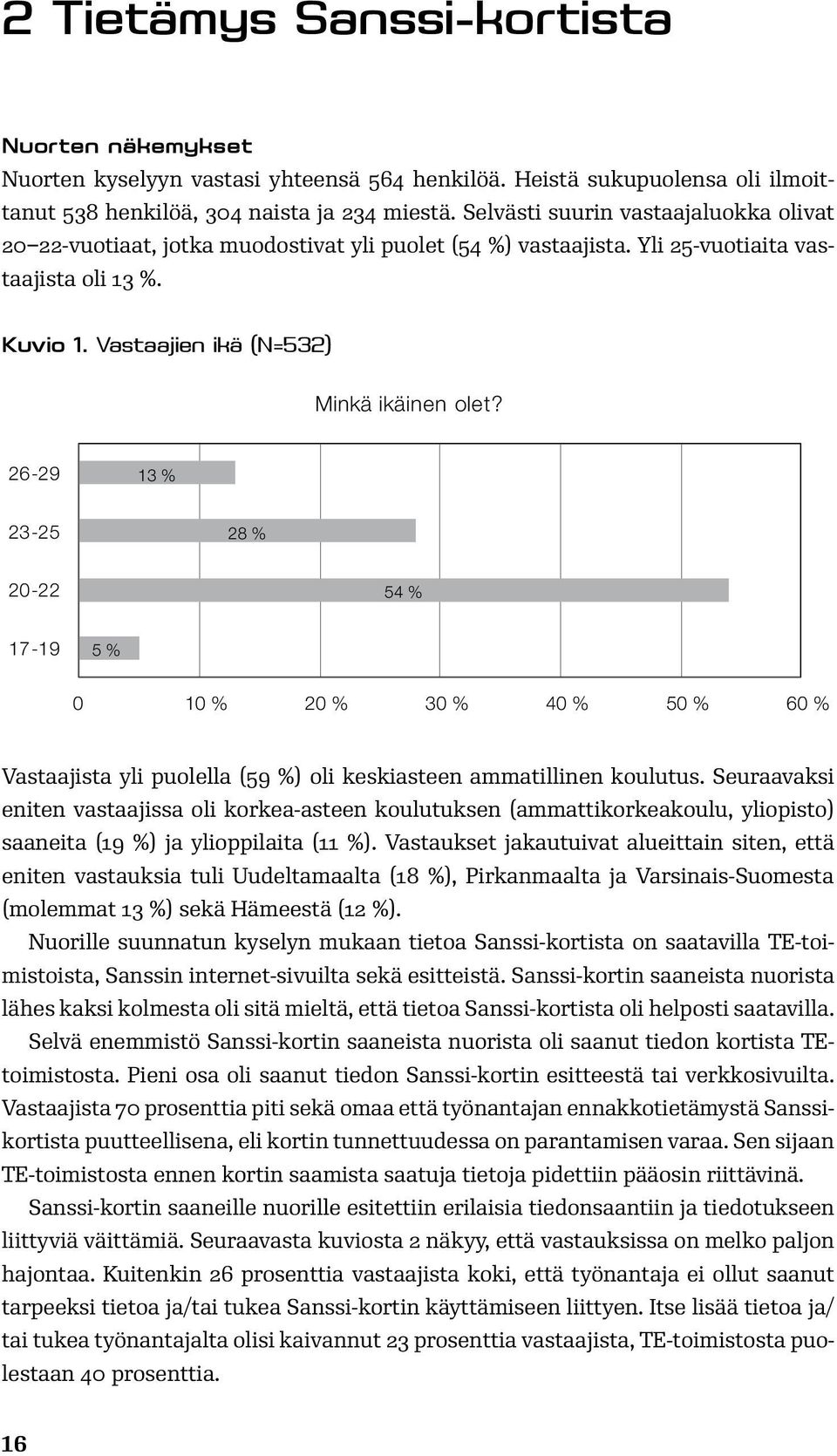 26-29 13 % 23-25 28 % 20-22 54 % 17-19 5 % 0 10 % 20 % 30 % 40 % 50 % 60 % Vastaajista yli puolella (59 %) oli keskiasteen ammatillinen koulutus.