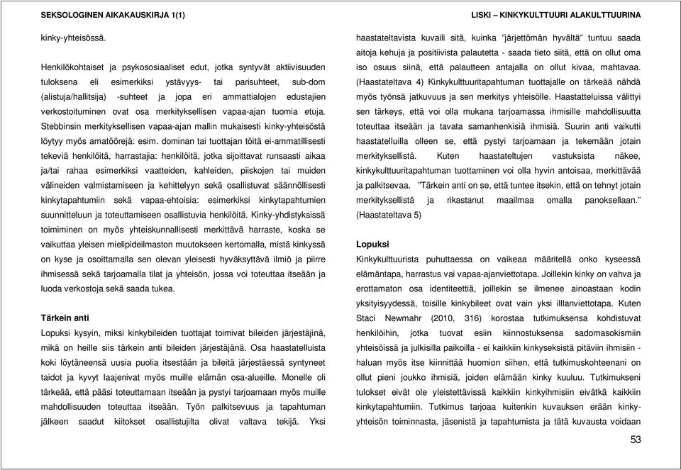 edustajien verkostoituminen ovat osa merkityksellisen vapaa-ajan tuomia etuja. Stebbinsin merkityksellisen vapaa-ajan mallin mukaisesti kinky-yhteisöstä löytyy myös amatöörejä: esim.