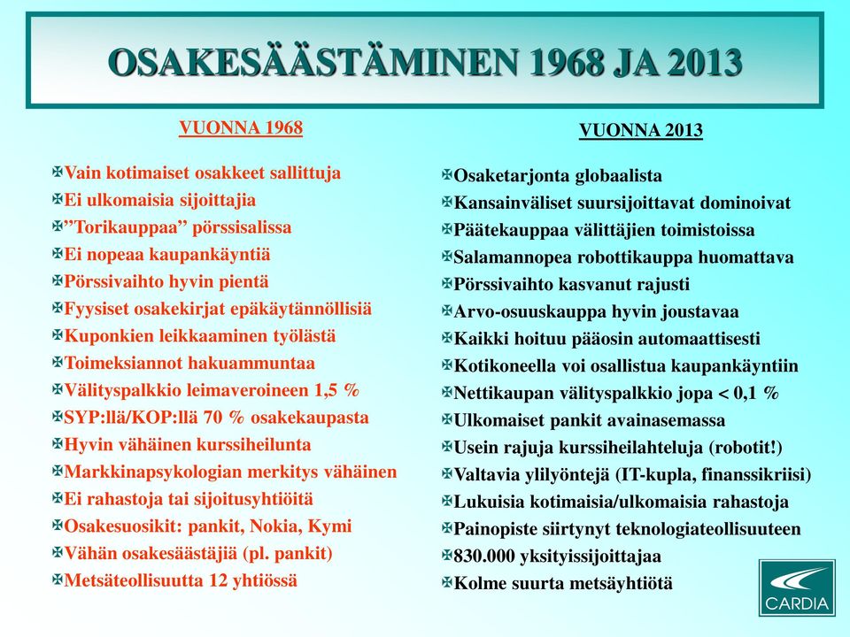 Markkinapsykologian merkitys vähäinen Ei rahastoja tai sijoitusyhtiöitä Osakesuosikit: pankit, Nokia, Kymi Vähän osakesäästäjiä (pl.