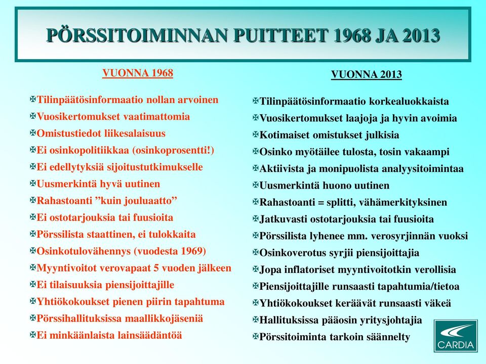 Myyntivoitot verovapaat 5 vuoden jälkeen Ei tilaisuuksia piensijoittajille Yhtiökokoukset pienen piirin tapahtuma Pörssihallituksissa maallikkojäseniä Ei minkäänlaista lainsäädäntöä VUONNA 2013