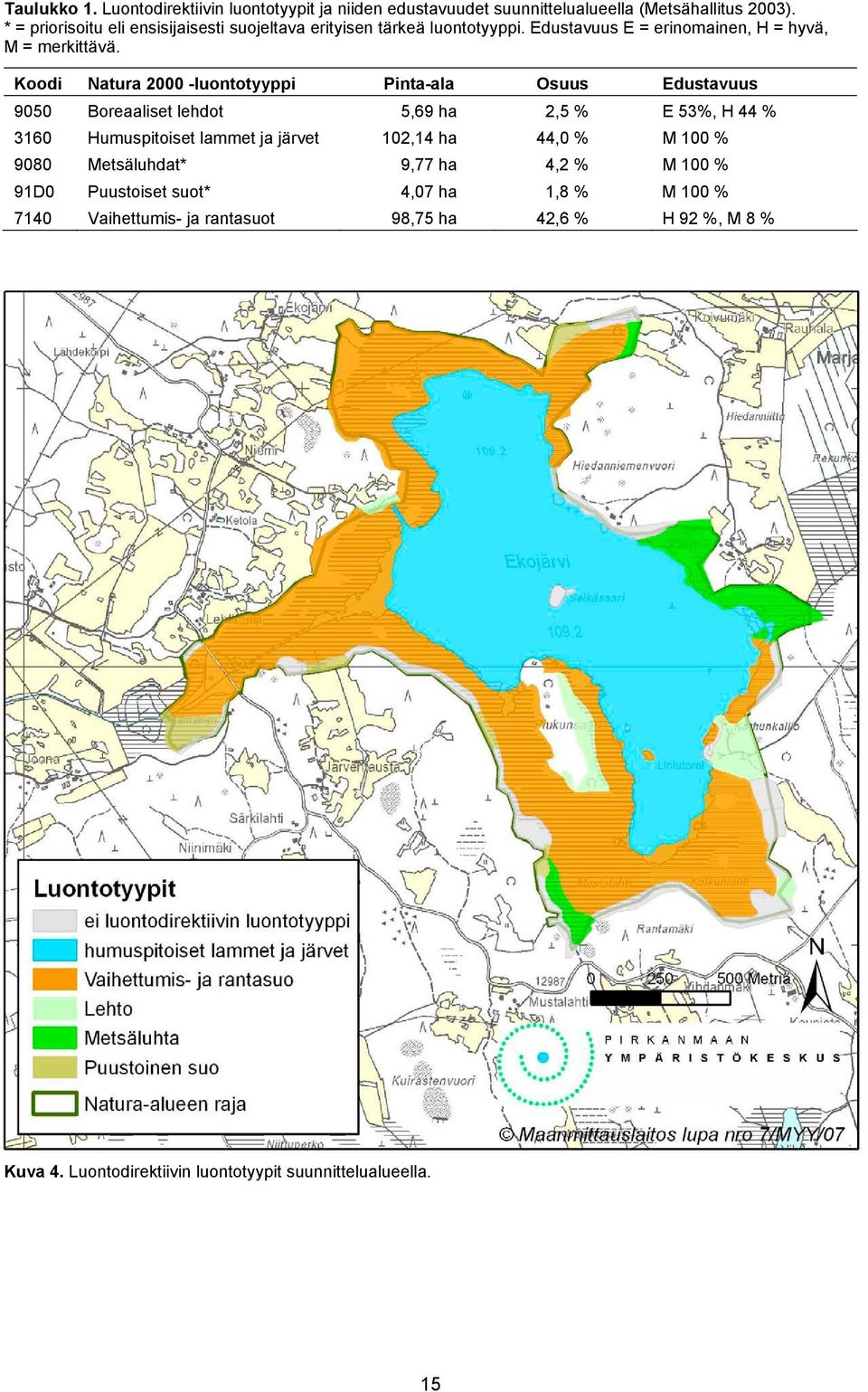 Koodi Natura 2000 -luontotyyppi Pinta-ala Osuus Edustavuus 9050 Boreaaliset lehdot 5,69 ha 2,5 % E 53%, H 44 % 3160 Humuspitoiset lammet ja järvet 102,14