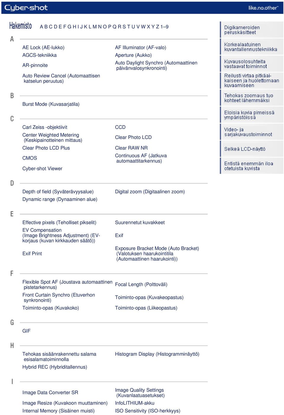 Cyber-shot Viewer CCD Clear Photo LCD Clear RAW NR Continuous AF (Jatkuva automaattitarkennus) Depth of field (Syväterävyysalue) Dynamic range (Dynaaminen alue) Digital zoom (Digitaalinen zoom)