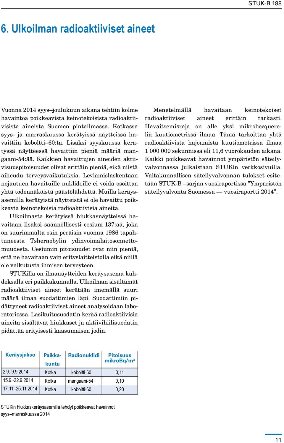 Kaikkien havaittujen aineiden aktiivisuuspitoisuudet olivat erittäin pieniä, eikä niistä aiheudu terveysvaikutuksia.