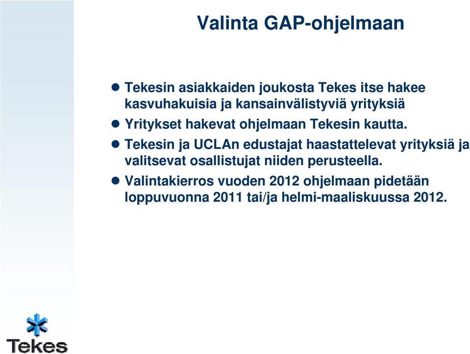 Tekesin ja UCLAn edustajat haastattelevat yrityksiä ja valitsevat osallistujat niiden