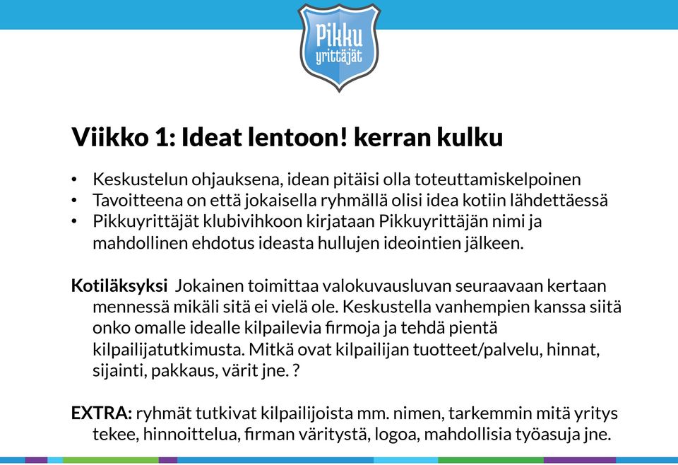 kirjataan Pikkuyrittäjän nimi ja mahdollinen ehdotus ideasta hullujen ideointien jälkeen.