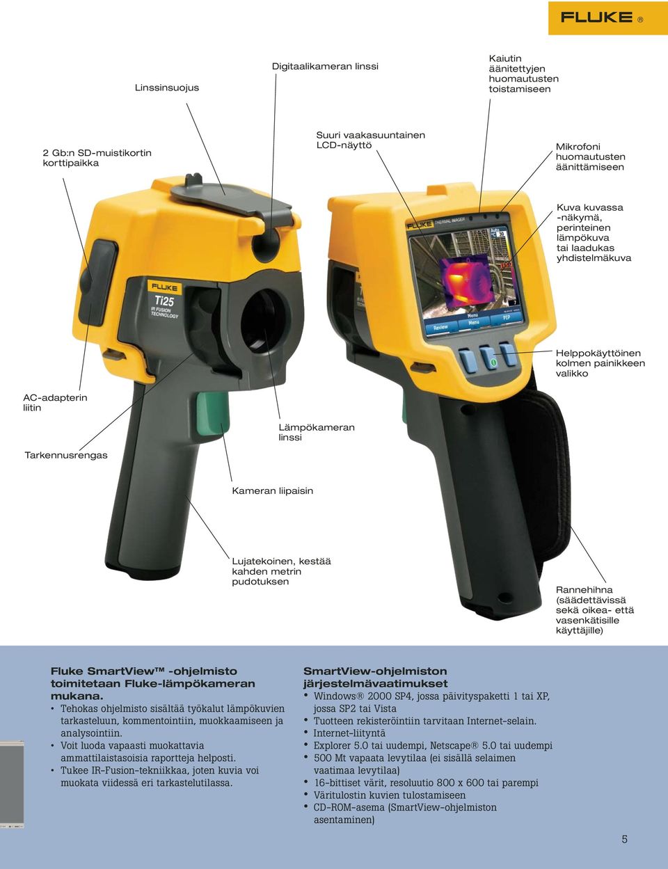 kestää kahden metrin pudotuksen Rannehihna (säädettävissä sekä oikea- että vasenkätisille käyttäjille) Fluke SmartView -ohjelmisto toimitetaan Fluke-lämpökameran mukana.