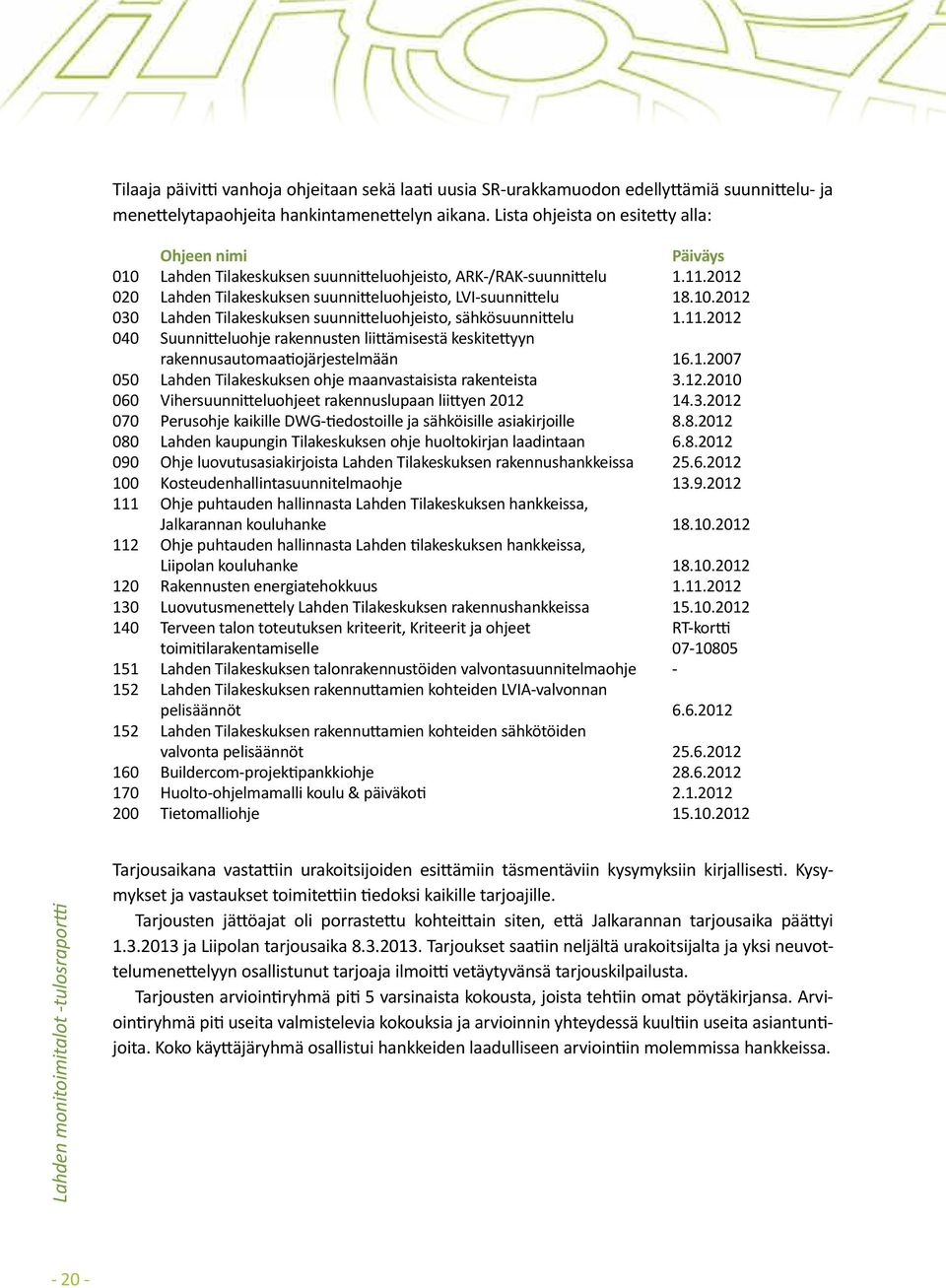 11.2012 040 Suunnitteluohje rakennusten liittämisestä keskitettyyn rakennusautomaatiojärjestelmään 16.1.2007 050 Lahden Tilakeskuksen ohje maanvastaisista rakenteista 3.12.2010 060 Vihersuunnitteluohjeet rakennuslupaan liittyen 2012 14.