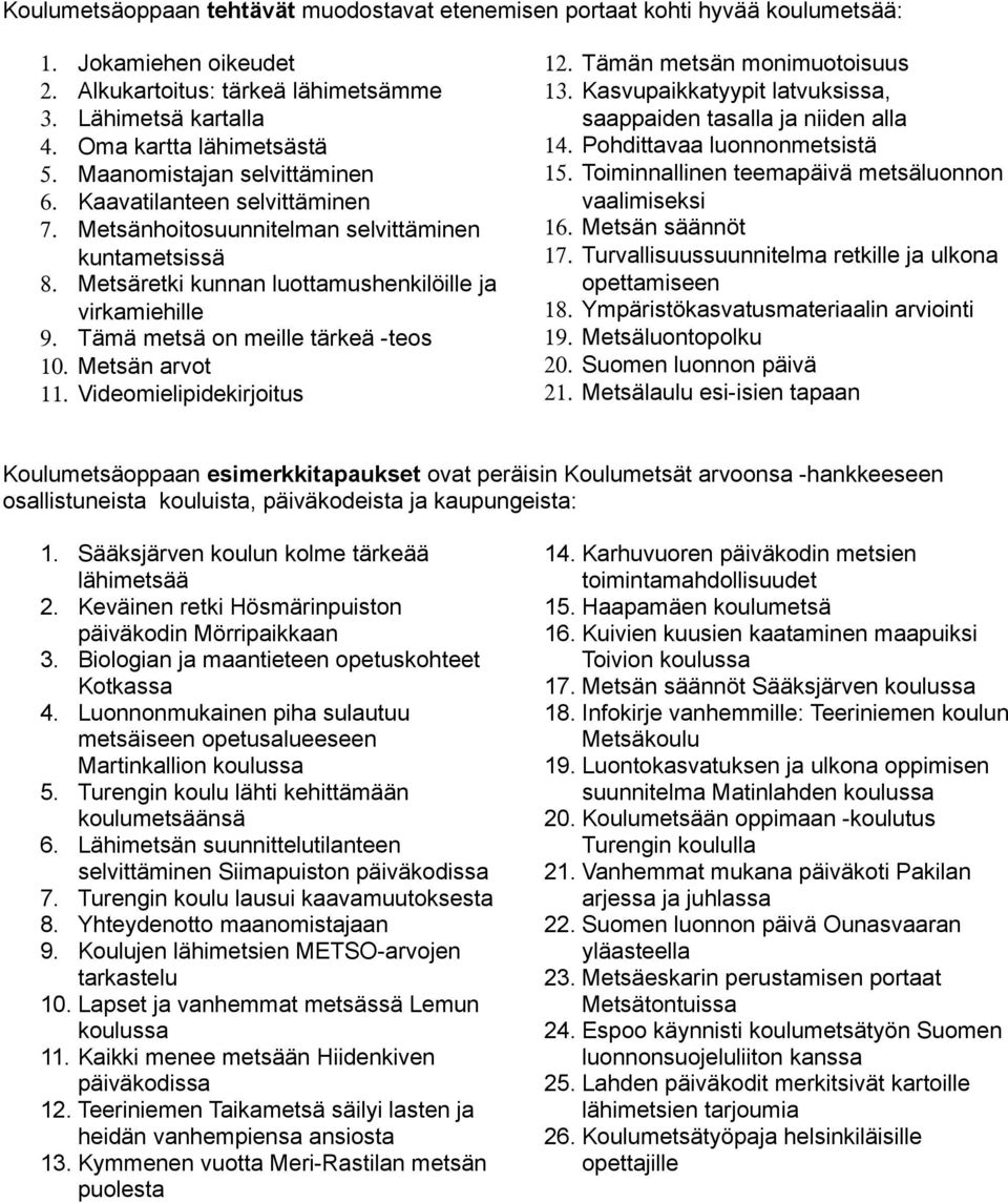 Tämä metsä on meille tärkeä -teos 10. Metsän arvot 11. Videomielipidekirjoitus 12. Tämän metsän monimuotoisuus 13. Kasvupaikkatyypit latvuksissa, saappaiden tasalla ja niiden alla 14.