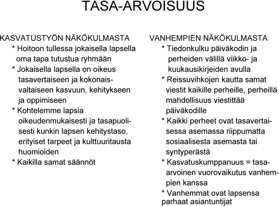 Tiedonkulku päiväkodin ja perheiden välillä viikko- ja kuukausikirjeiden avulla * Reissuvihkojen kautta samat viestit kaikille perheille, perheillä mahdollisuus viestittää päiväkodille * Kaikki