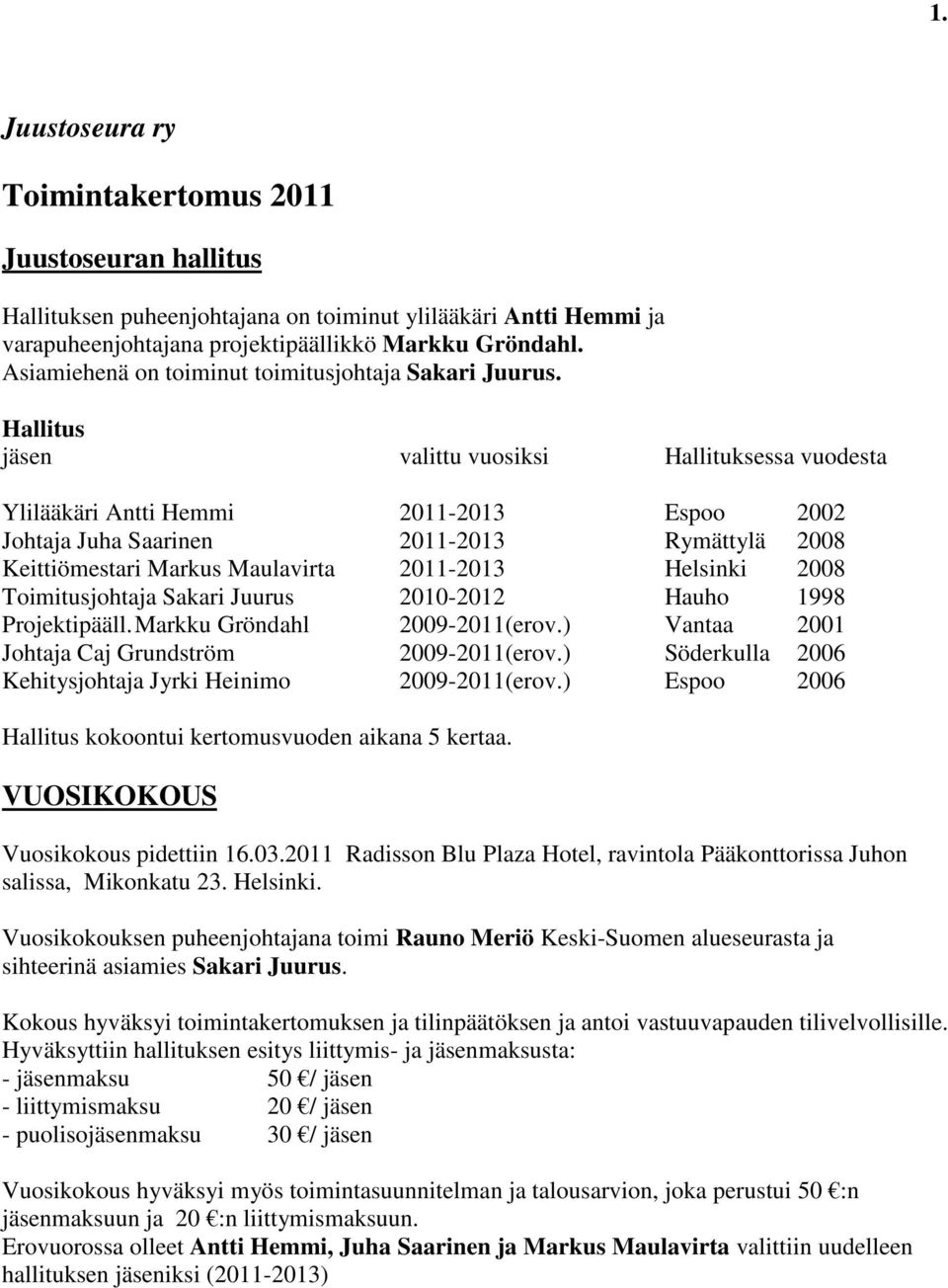 Hallitus jäsen valittu vuosiksi Hallituksessa vuodesta Ylilääkäri Antti Hemmi 2011-2013 Espoo 2002 Johtaja Juha Saarinen 2011-2013 Rymättylä 2008 Keittiömestari Markus Maulavirta 2011-2013 Helsinki