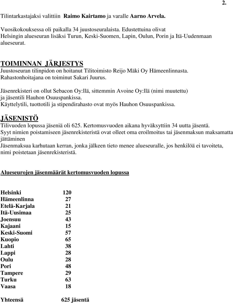 TOIMINNAN JÄRJESTYS Juustoseuran tilinpidon on hoitanut Tilitoimisto Reijo Mäki Oy Hämeenlinnasta. Rahastonhoitajana on toiminut Sakari Juurus.