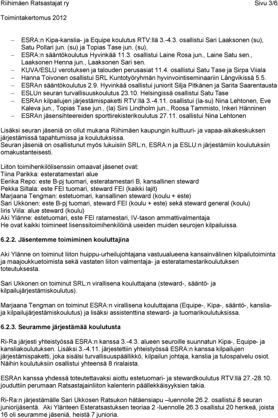 osallistui Satu Tase ja Sirpa Viiala Hanna Toivonen osallistui SRL Kuntotyöryhmän hyvinvointiseminaariin Långvikissä 5.5. ESRAn sääntökoulutus 2.9.