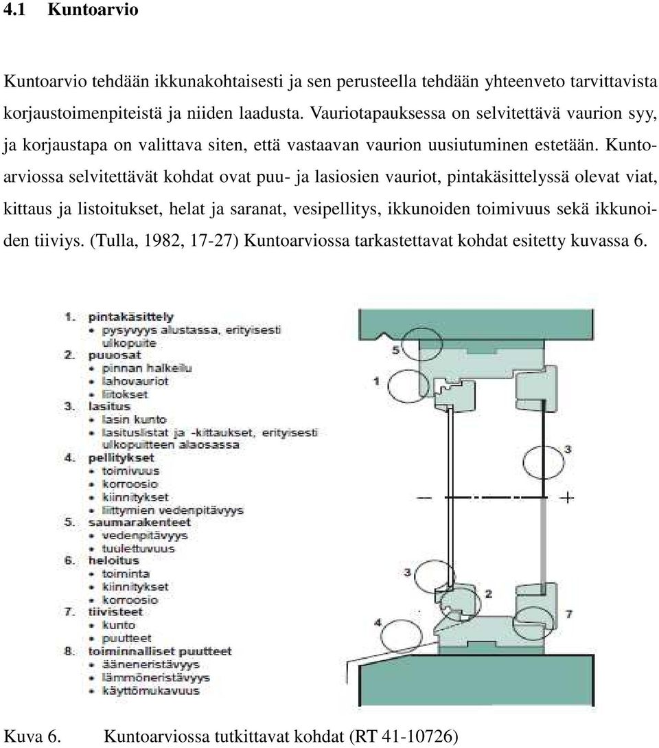 Kuntoarviossa selvitettävät kohdat ovat puu- ja lasiosien vauriot, pintakäsittelyssä olevat viat, kittaus ja listoitukset, helat ja saranat,