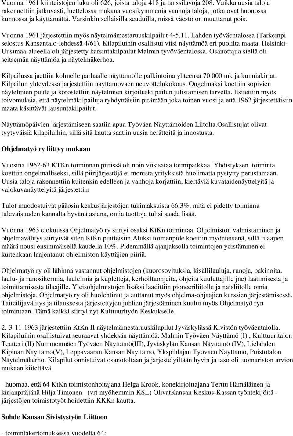 Varsinkin sellaisilla seuduilla, missä väestö on muuttanut pois. Vuonna 1961 järjestettiin myös näytelmämestaruuskilpailut 4-5.11. Lahden työväentalossa (Tarkempi selostus Kansantalo-lehdessä 4/61).