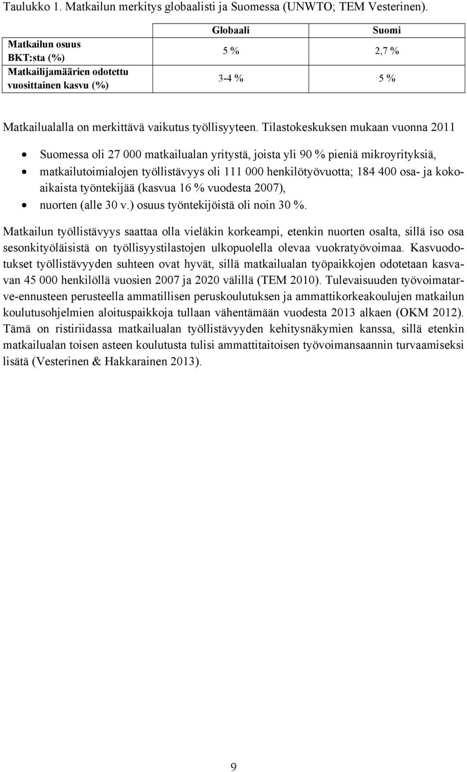 Tilastokeskuksen mukaan vuonna 2011 Suomessa oli 27 000 matkailualan yritystä, joista yli 90 % pieniä mikroyrityksiä, matkailutoimialojen työllistävyys oli 111 000 henkilötyövuotta; 184 400 osa- ja